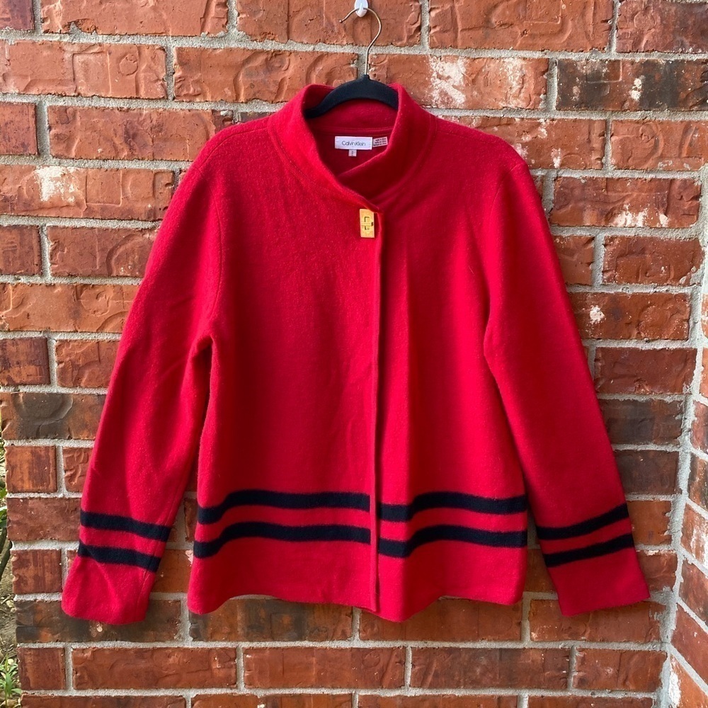 Calvin Klein Womens Medium Red Black Wool Blend Cape Cardigan Classic Mock Neck